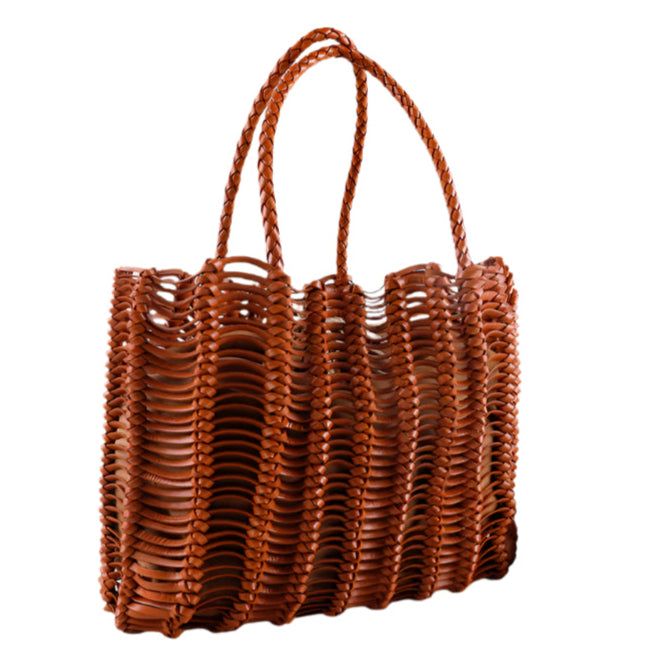 Retro Style Cowhide Handmade Hollow Woven Handbag Female Leather Handbag