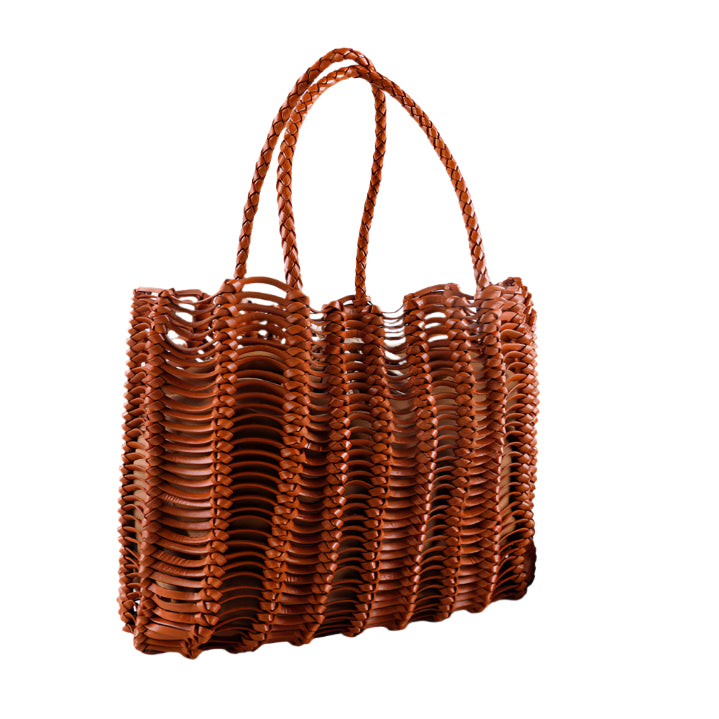 Retro Style Cowhide Handmade Hollow Woven Handbag Female Leather Handbag