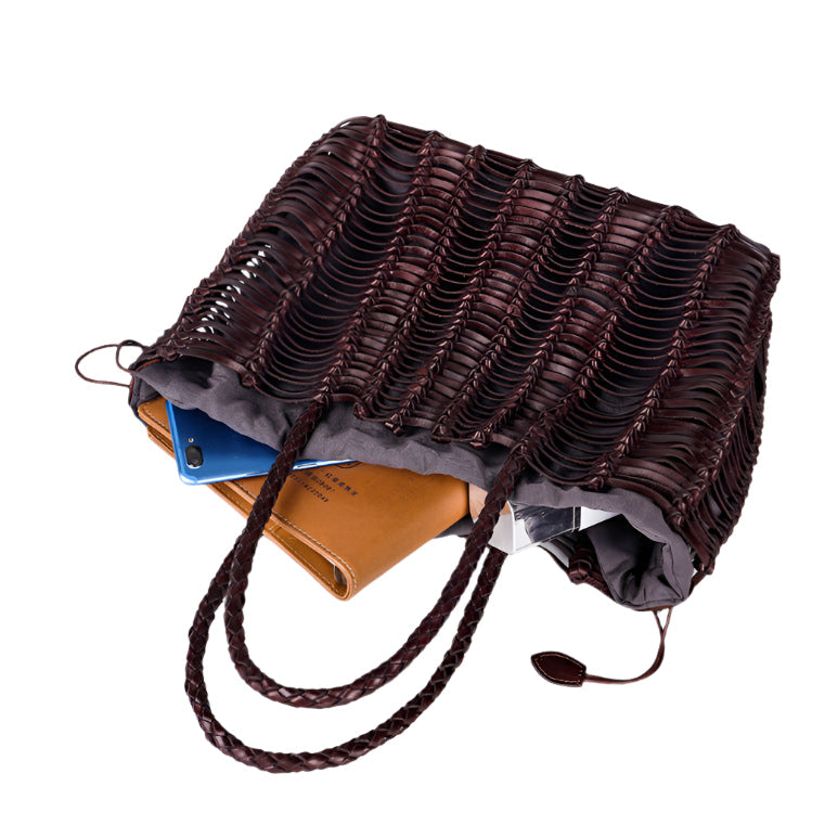 Retro Style Cowhide Handmade Hollow Woven Handbag Female Leather Handbag