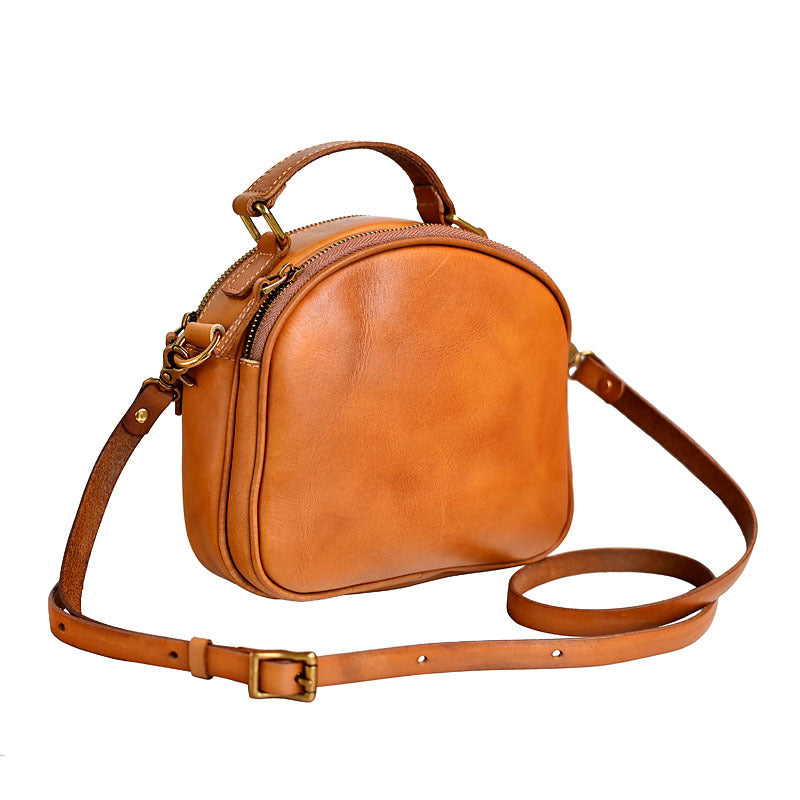 Japanese-style Retro Original Design Double Zipper Handmade Genuine Leather Skeleton-skin Crossbody Bag