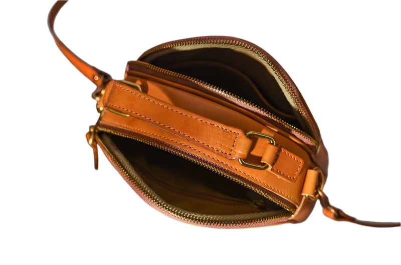 Japanese-style Retro Original Design Double Zipper Handmade Genuine Leather Skeleton-skin Crossbody Bag