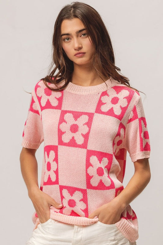 Flower Checker Pattern Short Sleeve Sweater