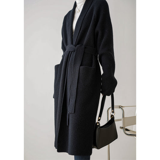 Thicken Bathrobe Belt Alpaca Wool Loose Big Sweater Knitted Cardigan Mid-length Coat Women