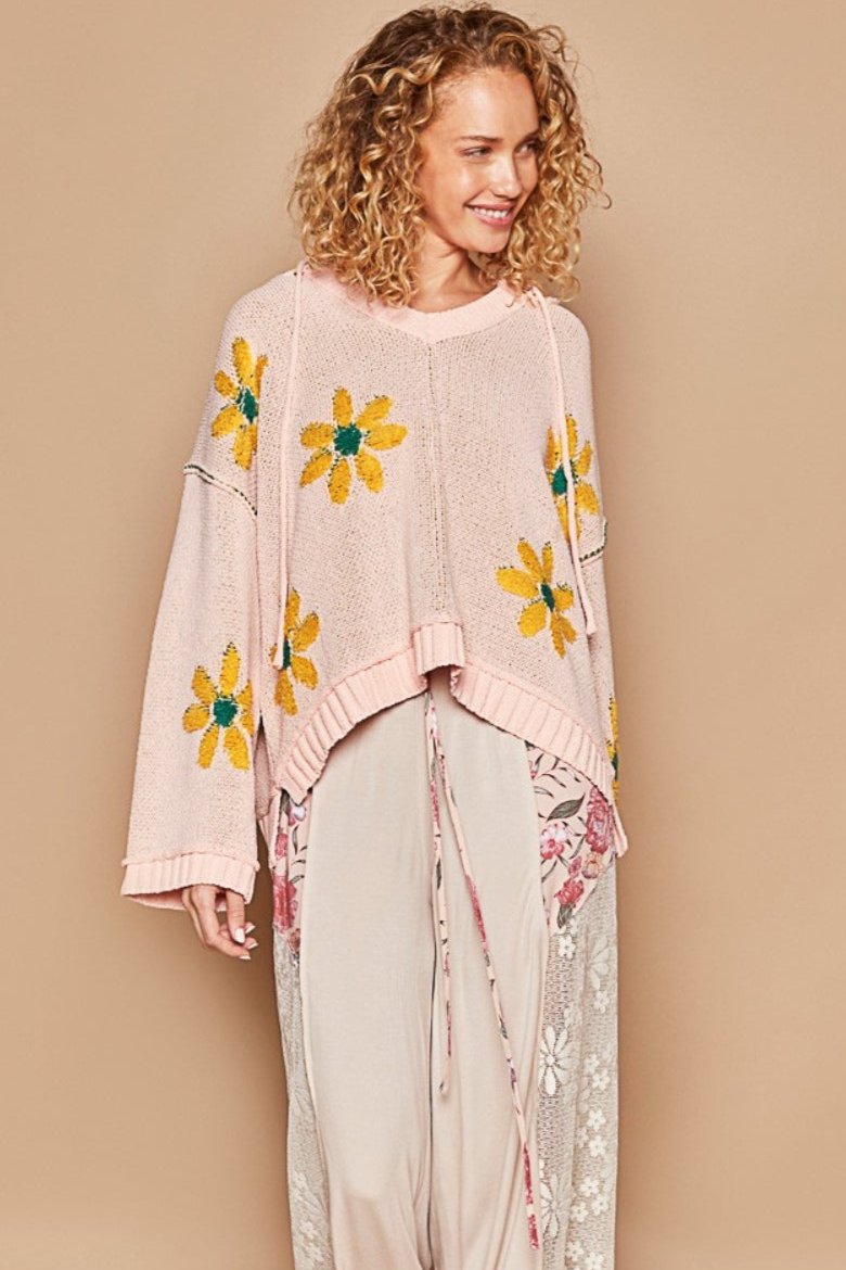 Floral Pattern Hooded High-Low Sweater