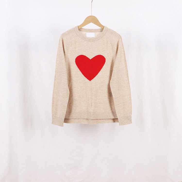 French Style Round Neck And Heart Pattern Long Sleeves