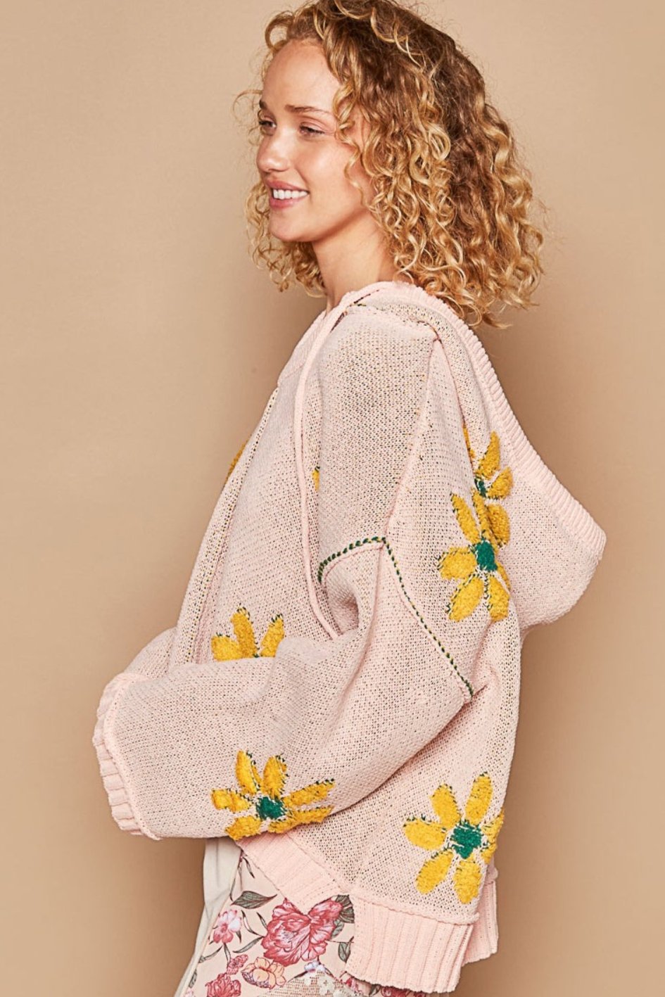 Floral Pattern Hooded High-Low Sweater