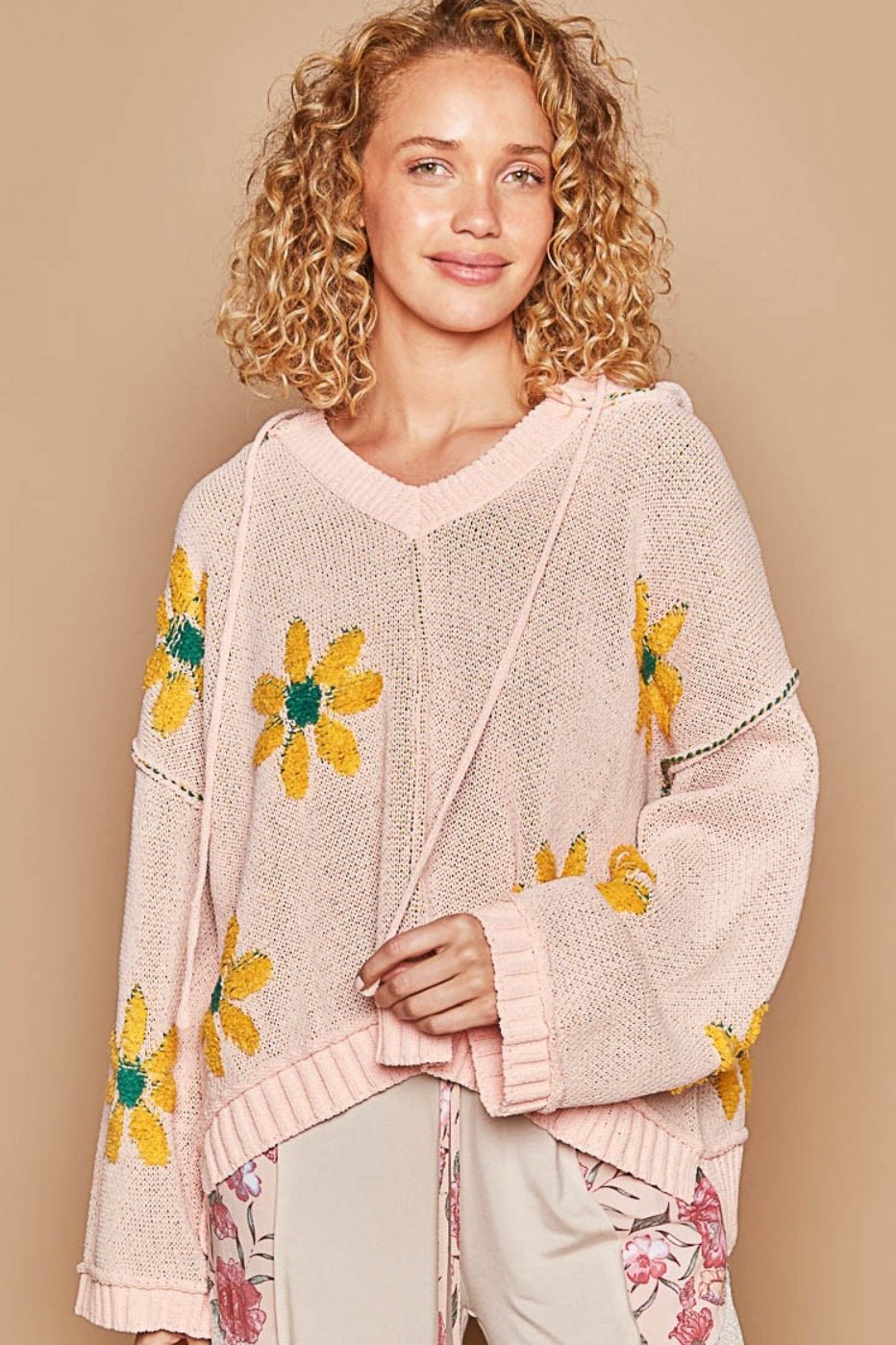 Floral Pattern Hooded High-Low Sweater