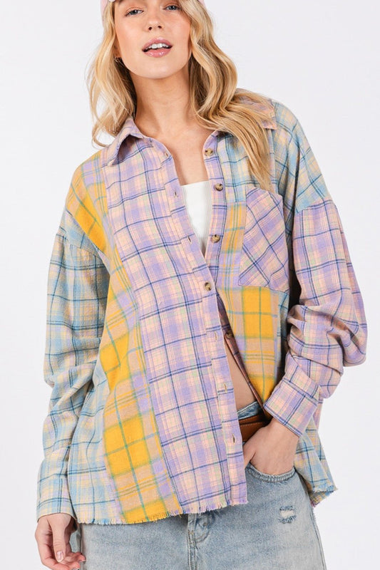 Button Up Raw Hem  Plaid Flannel Shirt