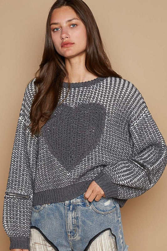 Heart Patch Zipper Point Sleeve Sweater